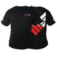 Thumbnail for Two black Body Armor Direct T-Shirts; one plain and one with a large red and white abstract design on the side. Both have a small logo on the chest representing Body Armor Direct.