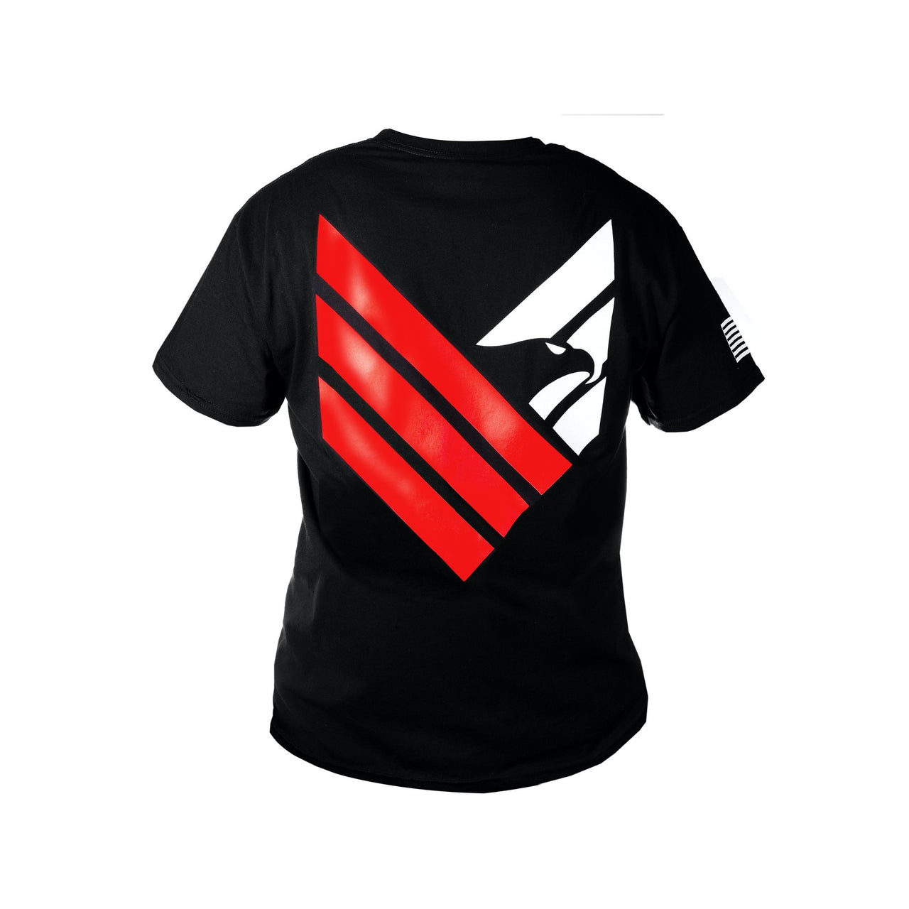 Black Body Armor Direct T-shirt with a large red and white graphic design on the back, representing Body Armor Direct through abstract shapes and stripes.