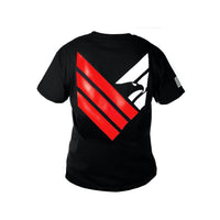 Thumbnail for Black Body Armor Direct T-shirt with a large red and white graphic design on the back, representing Body Armor Direct through abstract shapes and stripes.