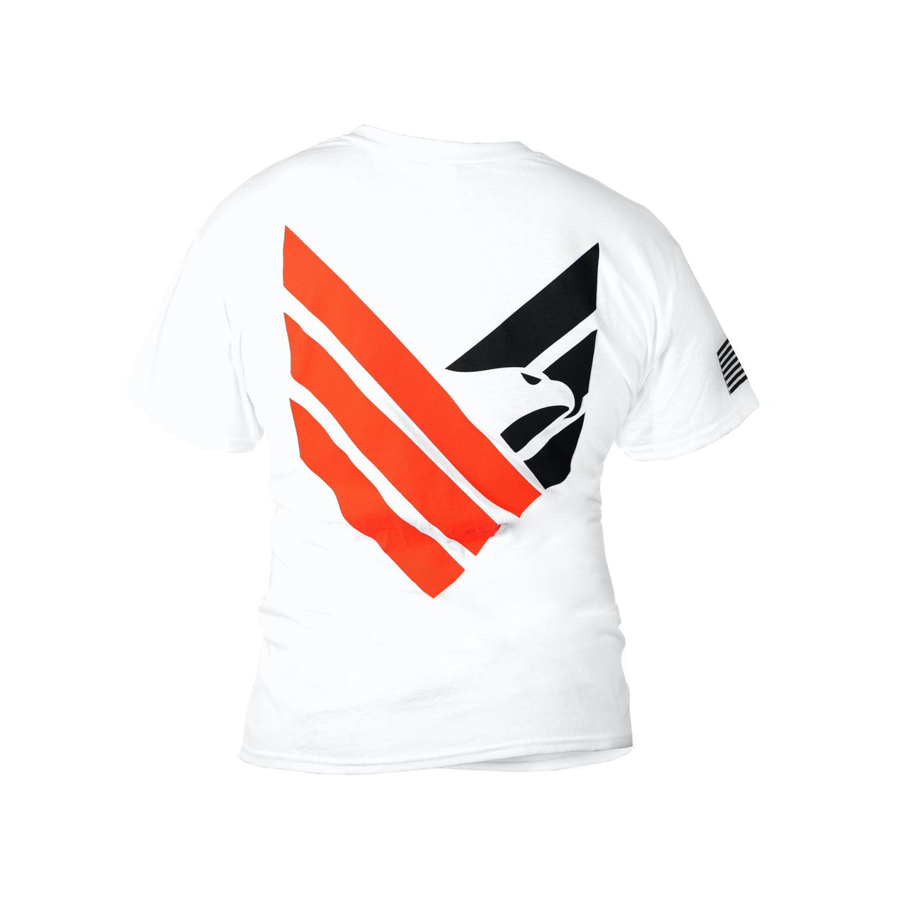 Body Armor Direct t-shirt featuring a bold geometric design in black and red with a stylized bird motif representing Body Armor Direct, including a small American flag on the sleeve.