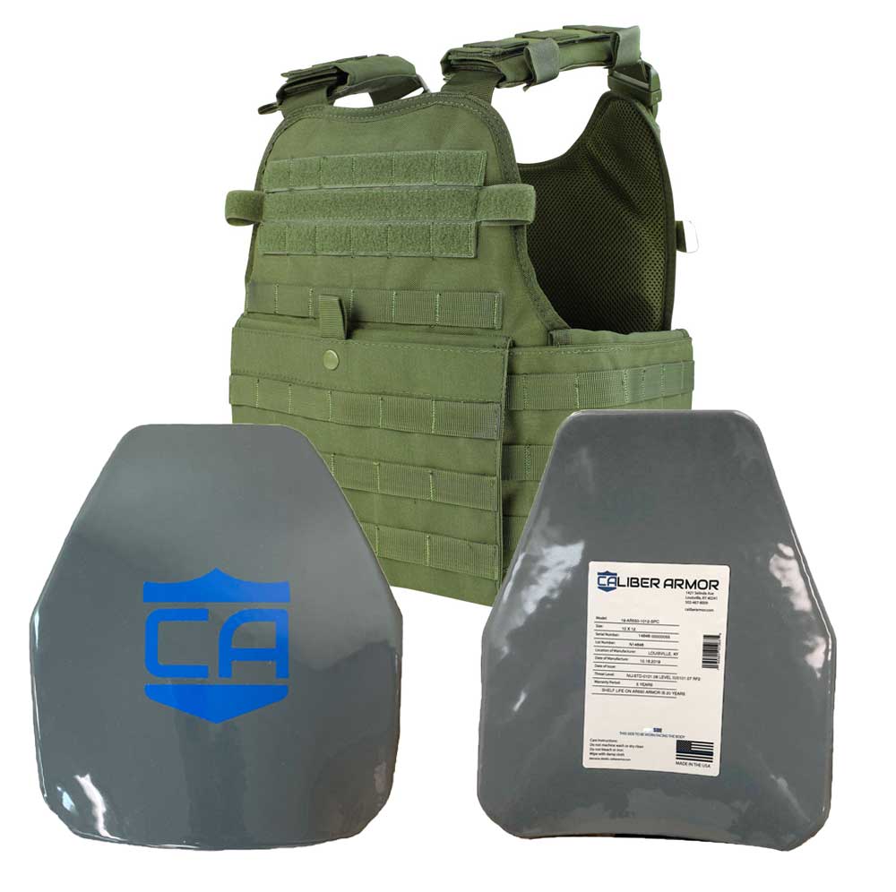 A Caliber Armor AR550 Level III+ Body Armor /w PolyShield plate carrier and a pair of Condor MOPC - Shooters Cut - PolyShield pads.