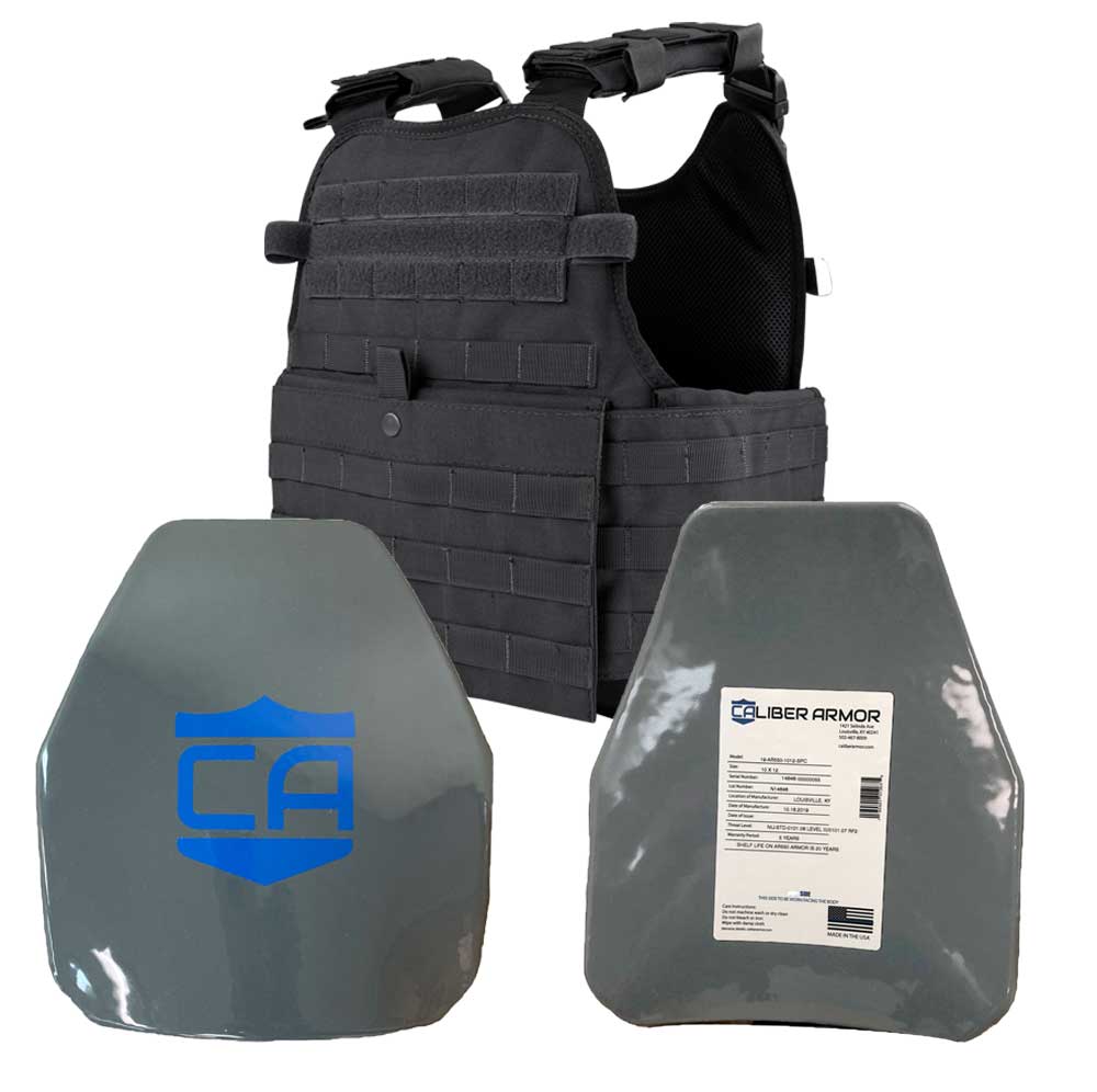 A Caliber Armor AR550 Level III+ Body Armor /w PolyShield and Condor MOPC - Shooters Cut - PolyShield plate carrier with a blue plate and a blue plate.