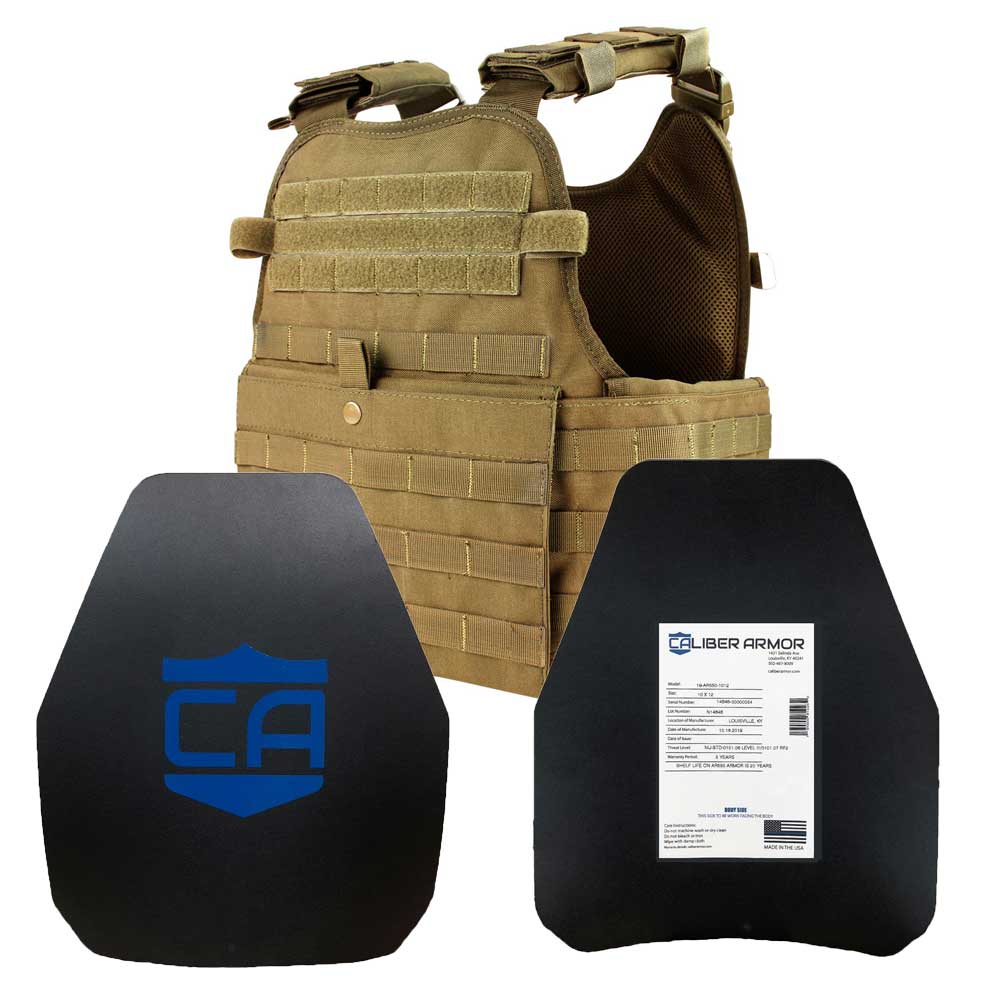 A Caliber Armor AR550 Level III+ Body Armor and Condor MOPC Package - Shooters Cut - Standard Coating plate carrier with a blue plate and a pair of pads.