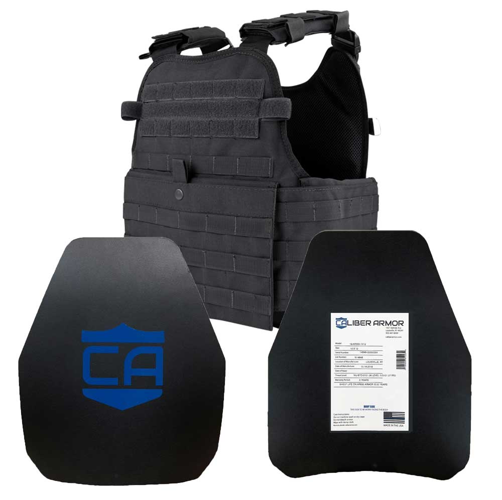 A Caliber Armor AR550 Level III+ Body Armor and Condor MOPC Package - Shooters Cut - Standard Coating plate carrier with a blue logo.