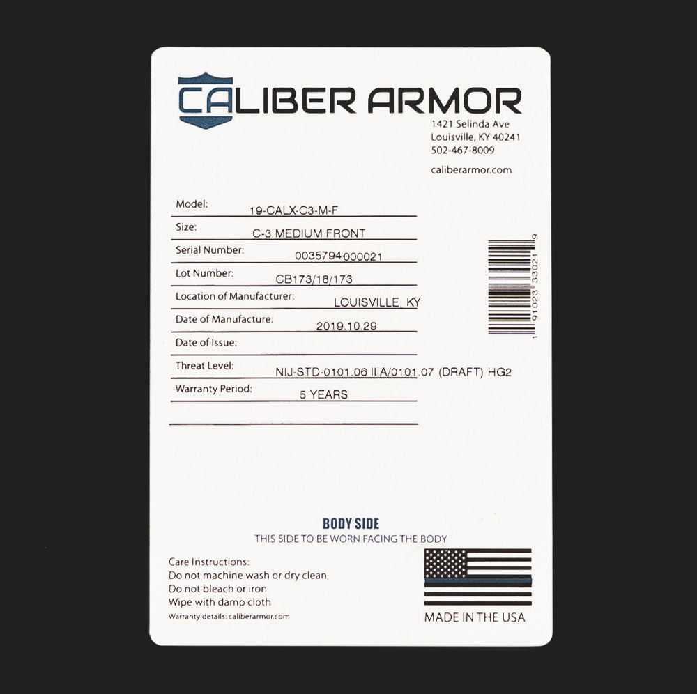 A black card with the word Caliber Armor on it.