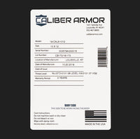 Thumbnail for A label with the words Caliber Armor CaliberX IIIA Soft Body Armor Panel on it.
