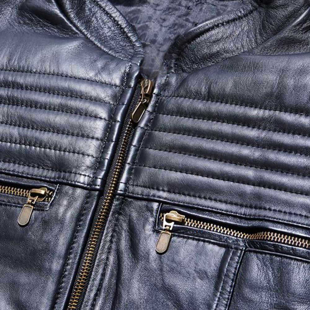 Close-up of a gray, bullet-resistant Body Armor Direct Leather Jacket Enhanced Multi-Threat with quilted details and multiple zippers, featuring Level IIIA+ armor inserts.