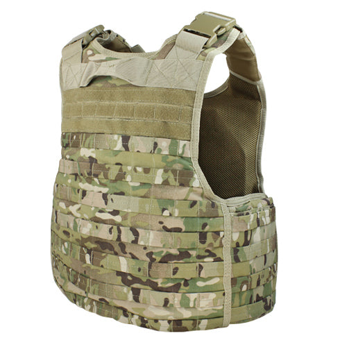 Spartan Armor Systems Condor Defender Plate Carrier in camouflage pattern with molle webbing and adjustable shoulder straps, isolated on a white background.
