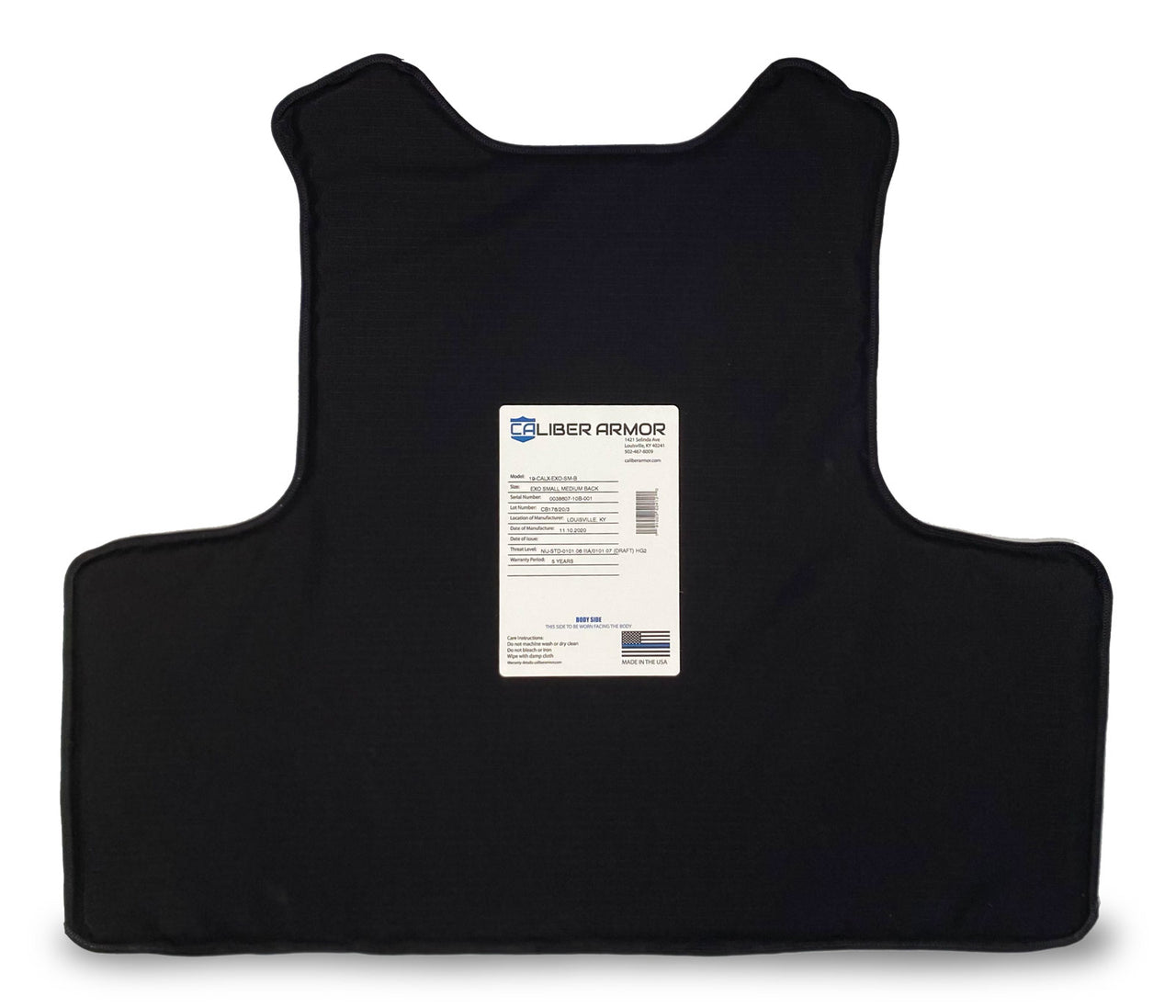 The back of a black vest with Caliber Armor label on it.