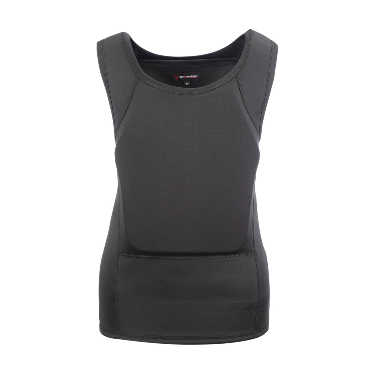 A women's Body Armor Direct black vest with an open back.