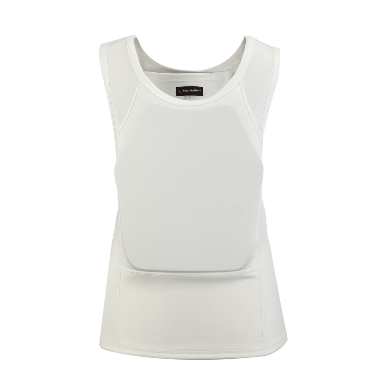 The back view of a Body Armor Direct Concealable Express T-Shirt Enhanced Multi-Threat women's white vest.