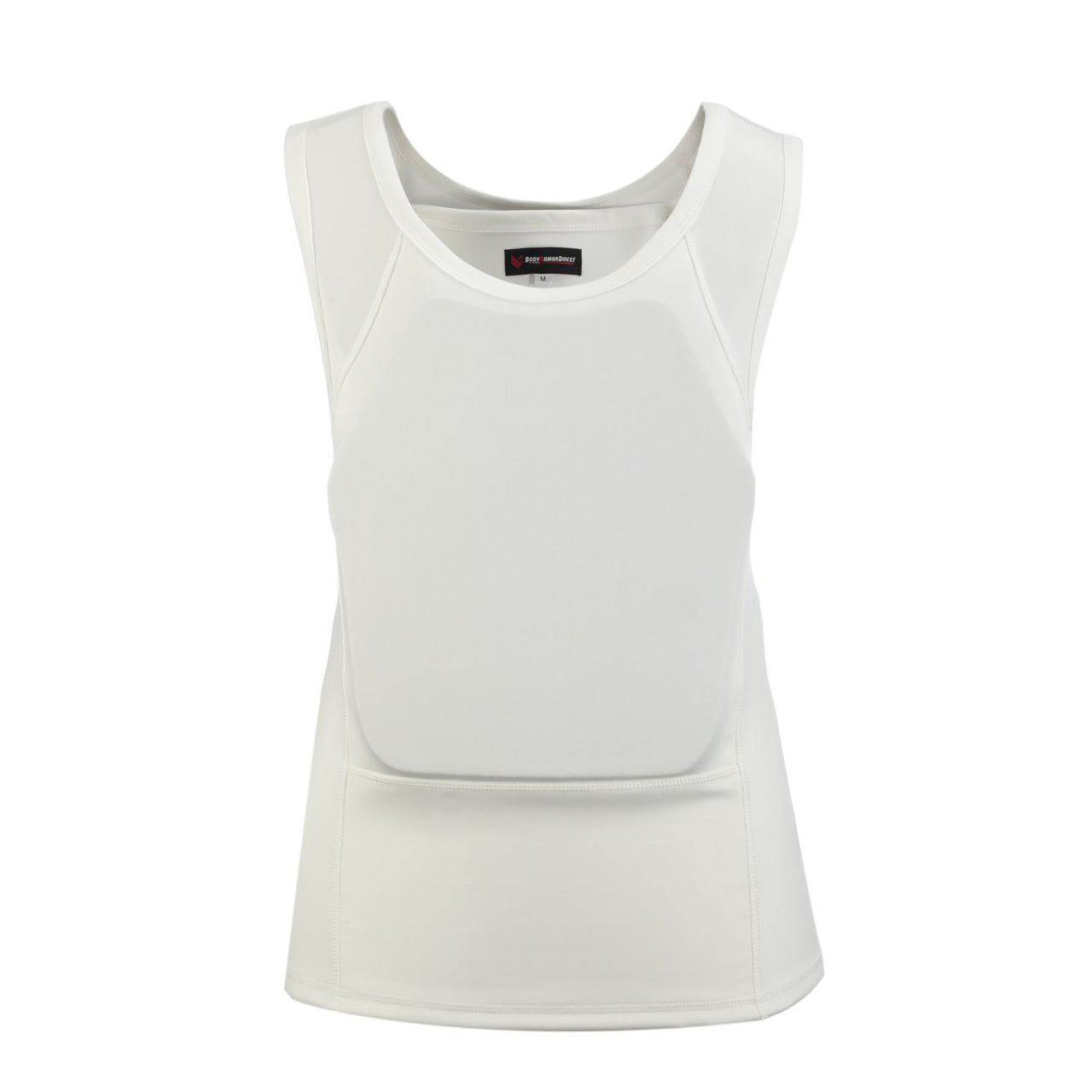 The back view of a women's white Body Armor Direct Concealable Express T-Shirt Carrier vest.