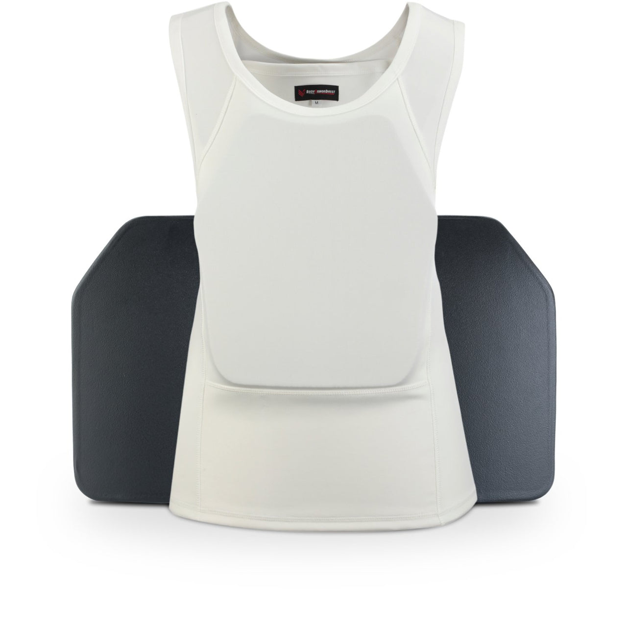 A white vest with a black Body Armor Direct Concealable Express T-Shirt Enhanced Multi-Threat back protector.