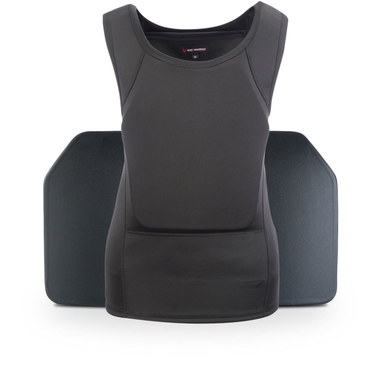 A women's vest with a Body Armor Direct Concealable Express T-Shirt Enhanced Multi-Threat back protector and a chest protector.