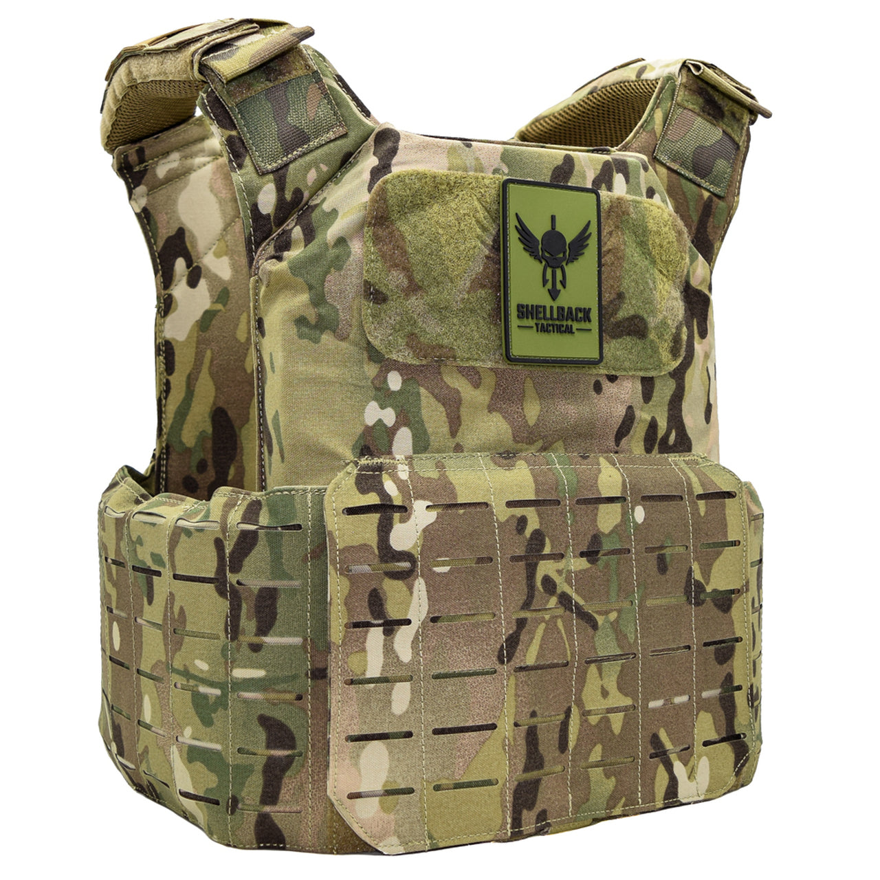 A Shellback Tactical Shield 2.0 Plate Carrier with a camouflage design.
