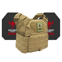 Thumbnail for A Shellback Tactical Patriot Active Shooter Kit with Level IV Model 4S17 Armor Plates Ranger Green plate carrier with the shieldback logo on it.