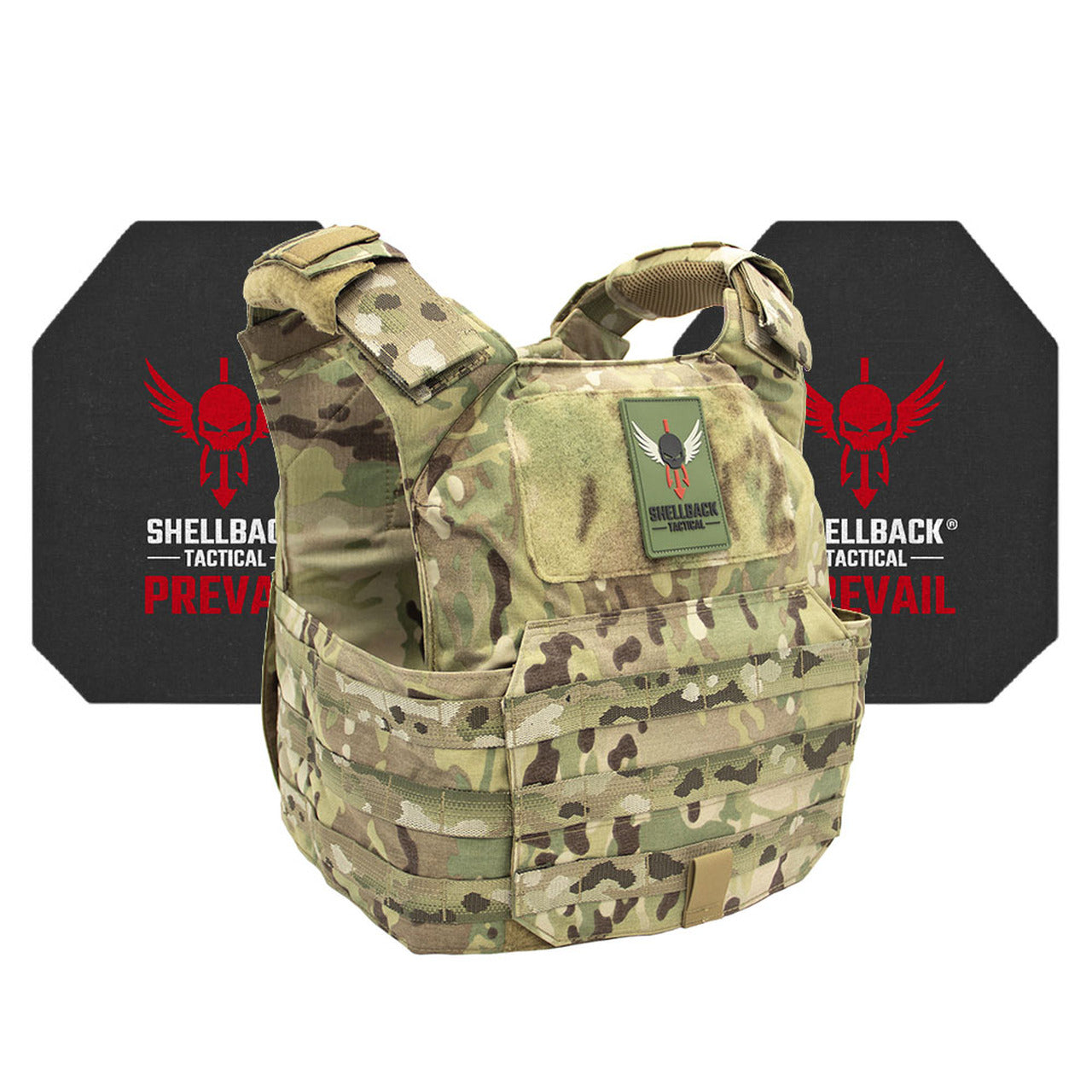 A Shellback Tactical Patriot Active Shooter Kit with Level IV Model 4S17 Armor Plates in Ranger Green camouflage pattern.