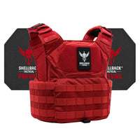 Thumbnail for A Shellback Tactical Patriot Active Shooter Kit with Level IV Model 4S17 Armor Plates Ranger Green vest with the shield black logo on it.