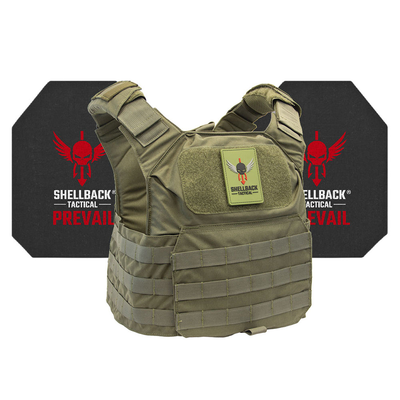 A Shellback Tactical Patriot Active Shooter Kit with Level IV Model 4S17 Armor Plates Ranger Green vest with a holster on it.