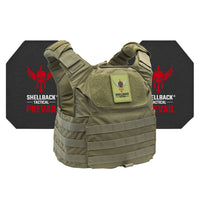 Thumbnail for A Shellback Tactical Patriot Active Shooter Kit with Level IV Model 4S17 Armor Plates Ranger Green vest with a holster on it.