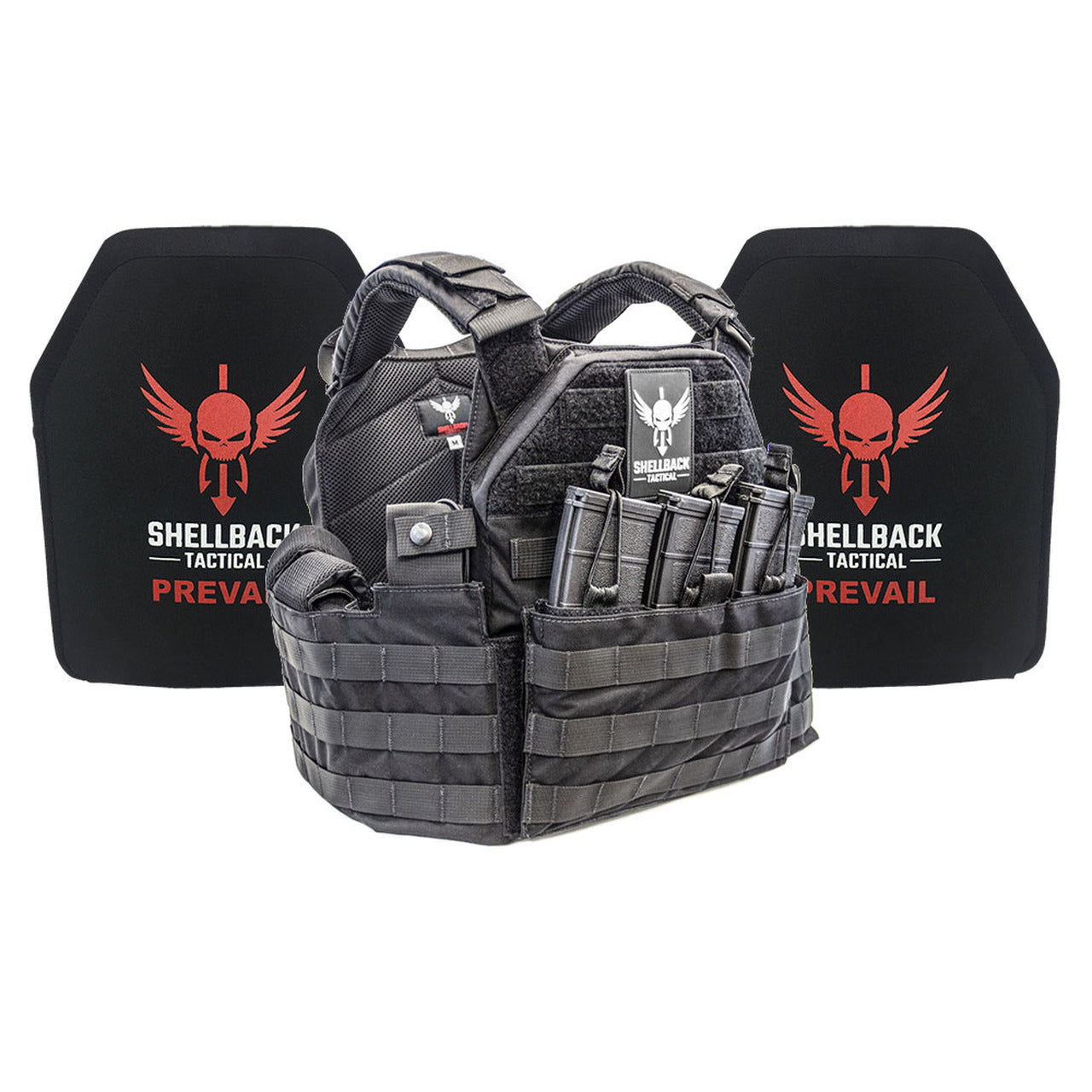 A Shellback Tactical SF Lightweight Armor System with Level III+ H3101 Plates plate carrier with a holster on it.