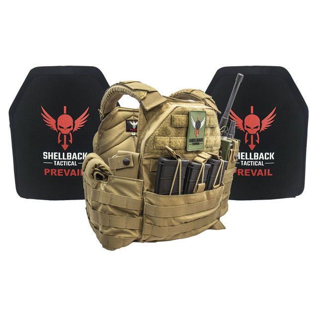 A Shellback Tactical SF Lightweight Armor System with Level III+ H3101 Plates vest with a holster and a radio.