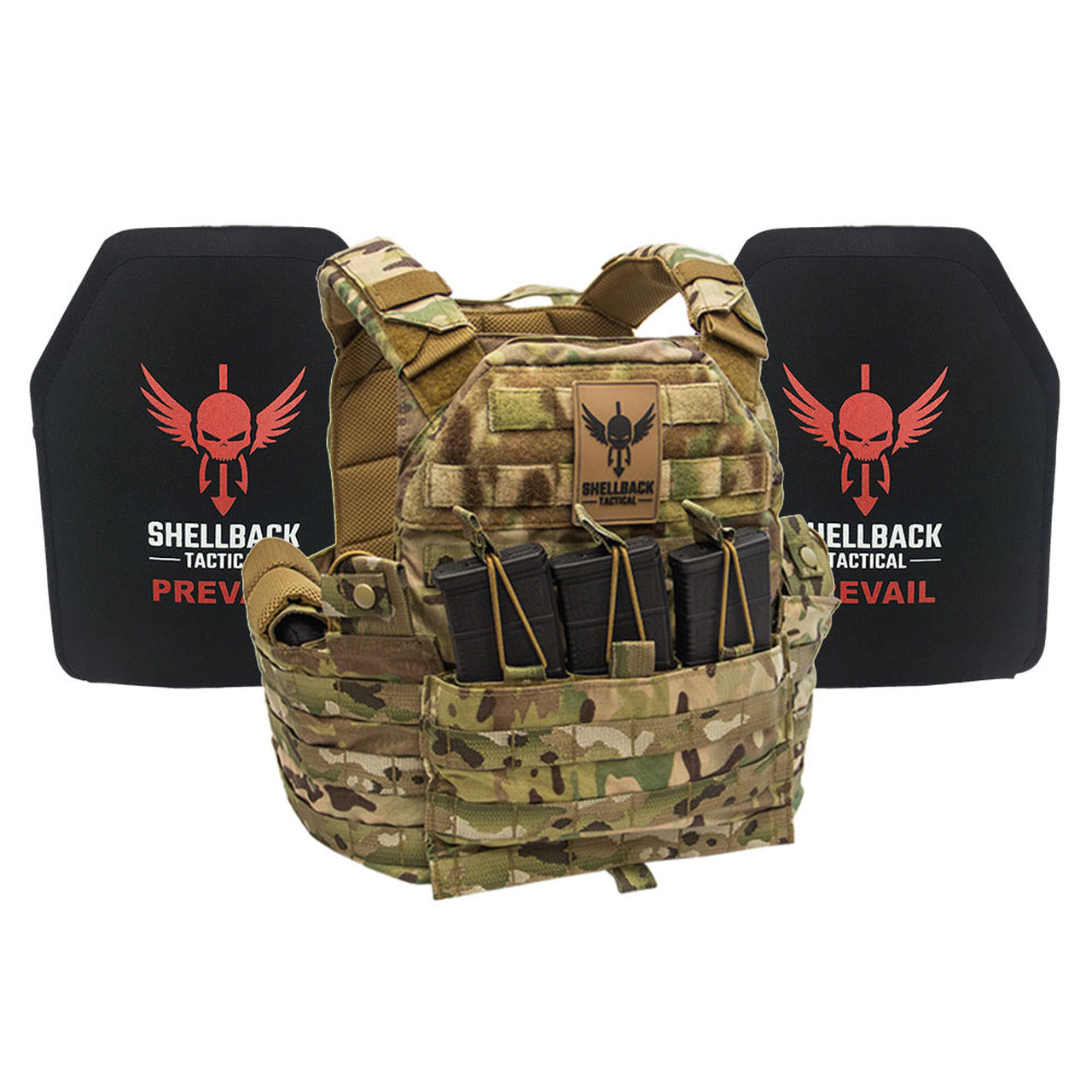 A Shellback Tactical SF Lightweight Armor System with Level III+ H3101 Plates plate carrier and a pair of Shellback Tactical bulletproof vests.