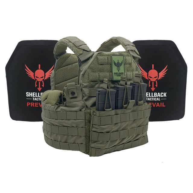 A Shellback Tactical SF Lightweight Armor System with Level III+ H3101 Plates plate carrier with two pistols and a grenade.