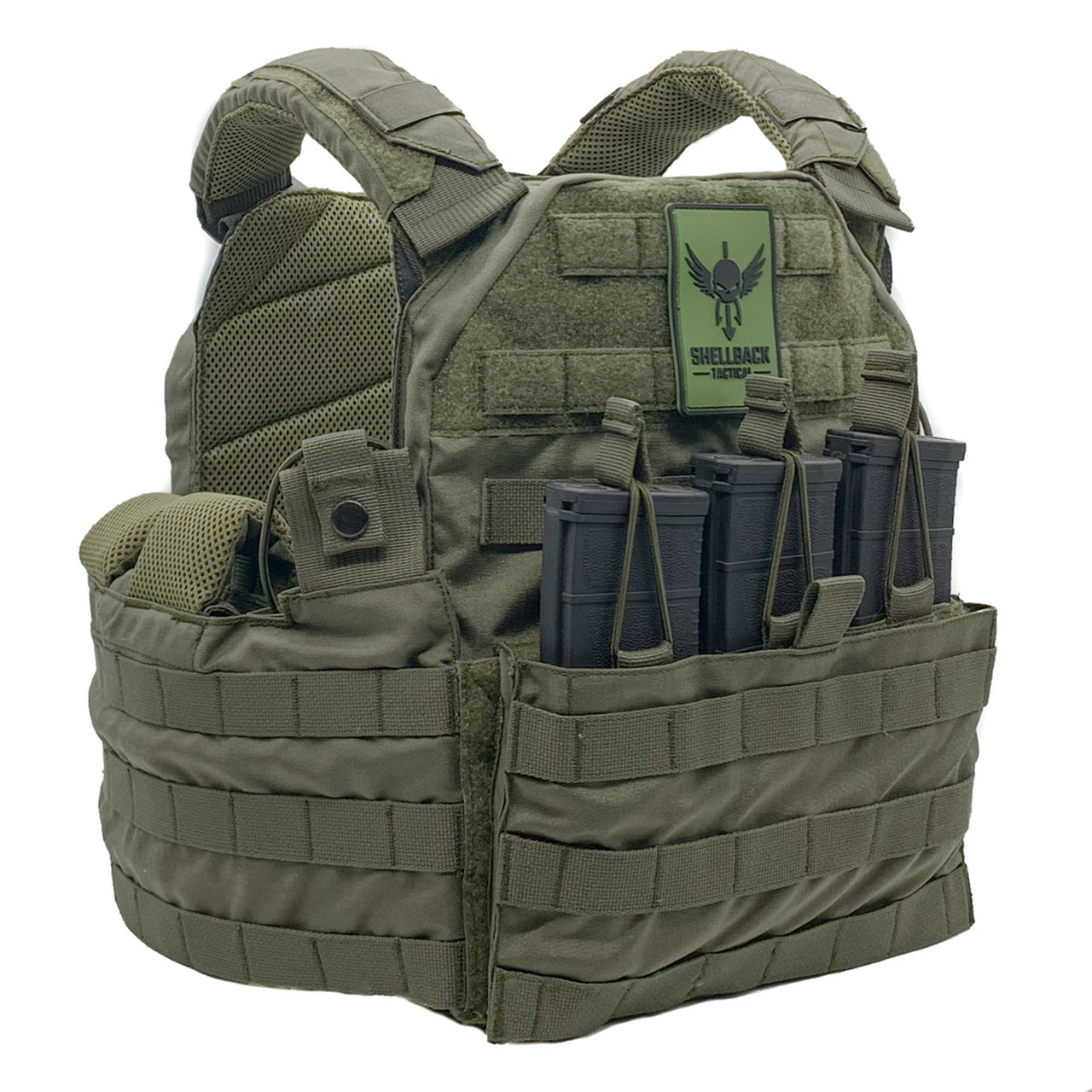 A Shellback Tactical SF Plate Carrier with a number of compartments, designed for combat readiness.