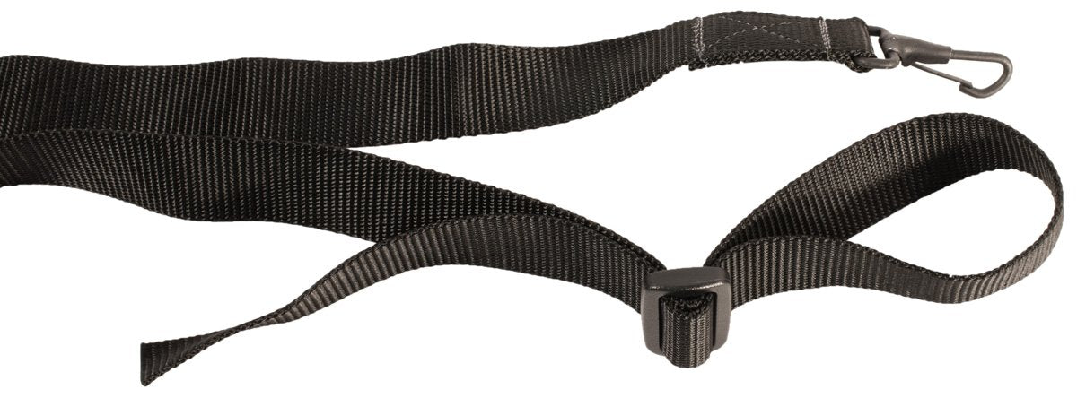 Elite Survival Systems H&K Style Tactical Sling with a metal clip and plastic buckle, Black, isolated on a white background.