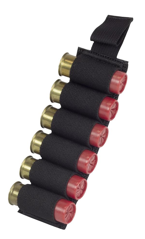 A Elite Survival Systems Velcro Attach Speed Strip containing five shotgun shells with red casings and brass bases, isolated on a white background.