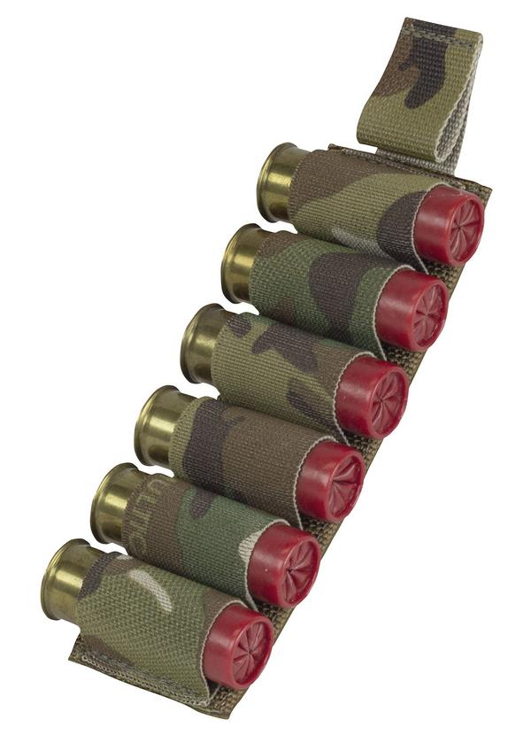 A row of six Elite Survival Systems Velcro Attach Speed Strip shotgun shells arranged diagonally with brass bases and red tips, isolated on a white background, designed to fit tactical shotshell holders.