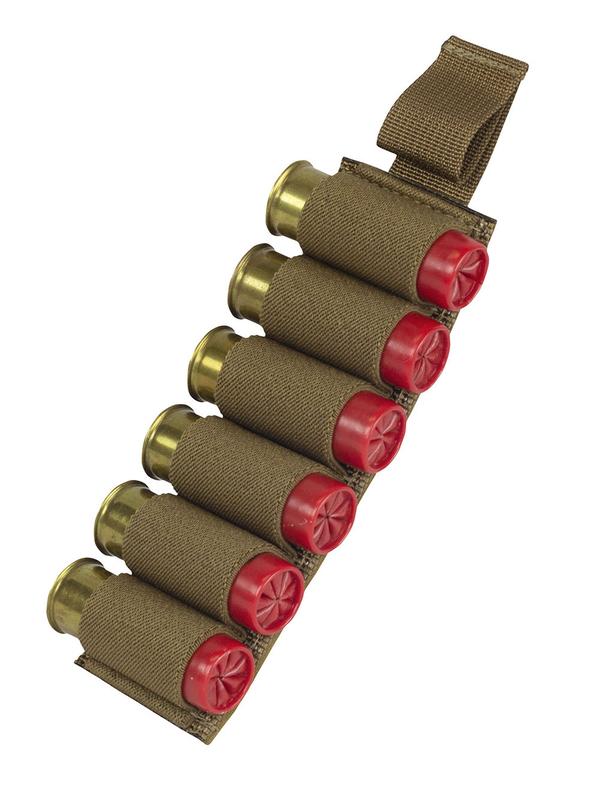 Six Elite Survival Systems Velcro Attach Speed Strip shotgun shell holders with red caps, arranged diagonally in two columns, isolated on a white background.