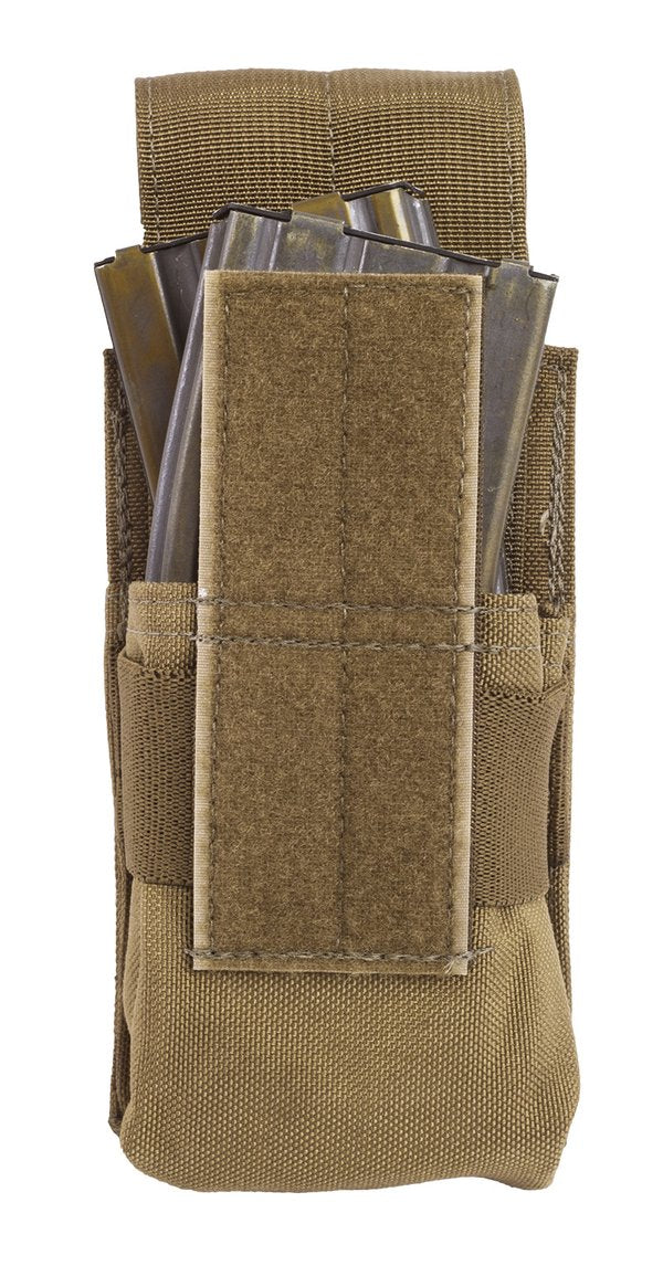 A tan Elite Survival Systems Single A/R Magazine Pouches MOLLE made from CORDURA 500D nylon, containing several rifle magazines, attached to a compatible gear system.