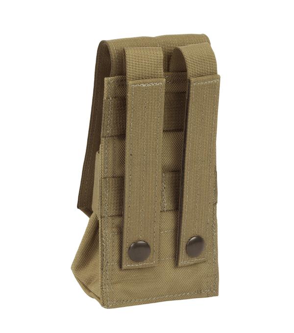 Elite Survival Systems Olive Green Single A/R Magazine Pouches MOLLE with velcro flap and bottom drainage holes, made of CORDURA 500D nylon, isolated on a white background.