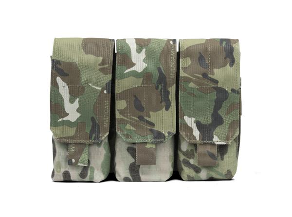 Three Elite Survival Systems Assault Rifle Mag Pouch, Triple on a white background.