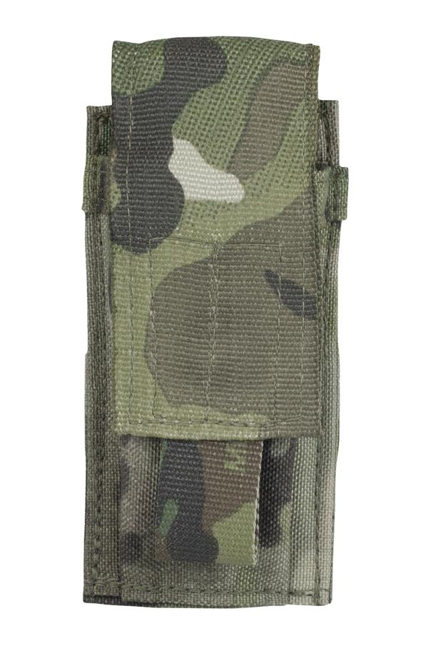 A camouflage Elite Survival Systems MOLLE Single Pistol Magazine Pouches with flap closure and utility compartments, isolated on a white background.