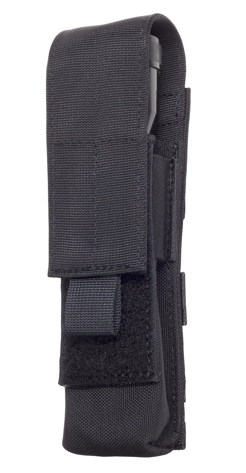 Elite Survival Systems Flashlight MOLLE Pouch, designed to be MOLLE compatible and attached to a belt.