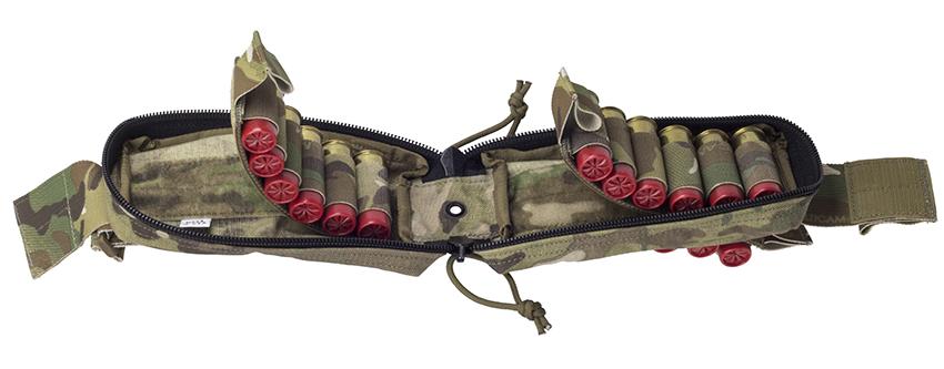 An Elite Survival Systems MOLLE Quick-Deploy Shotshell Pouch with a lot of red bullets in it.