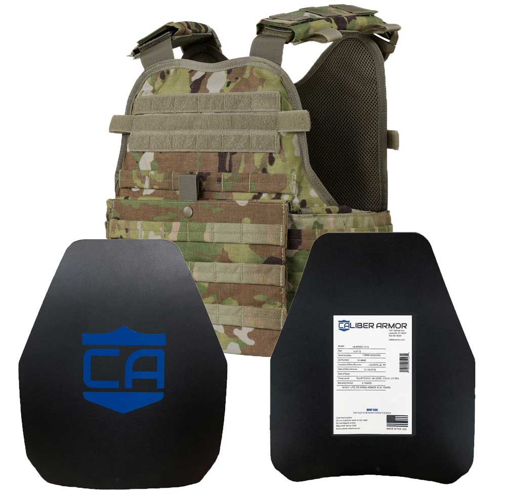 A Caliber Armor AR550 Level III+ Body Armor and Condor MOPC Package - Shooters Cut - Standard Coating plate carrier with a blue plate and a black plate.