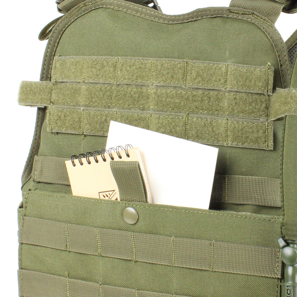 A Caliber Armor AR550 Level III+ Body Armor with PolyShield and Condor MOPC - Shooters Cut - PolyShield, with a notepad in it.