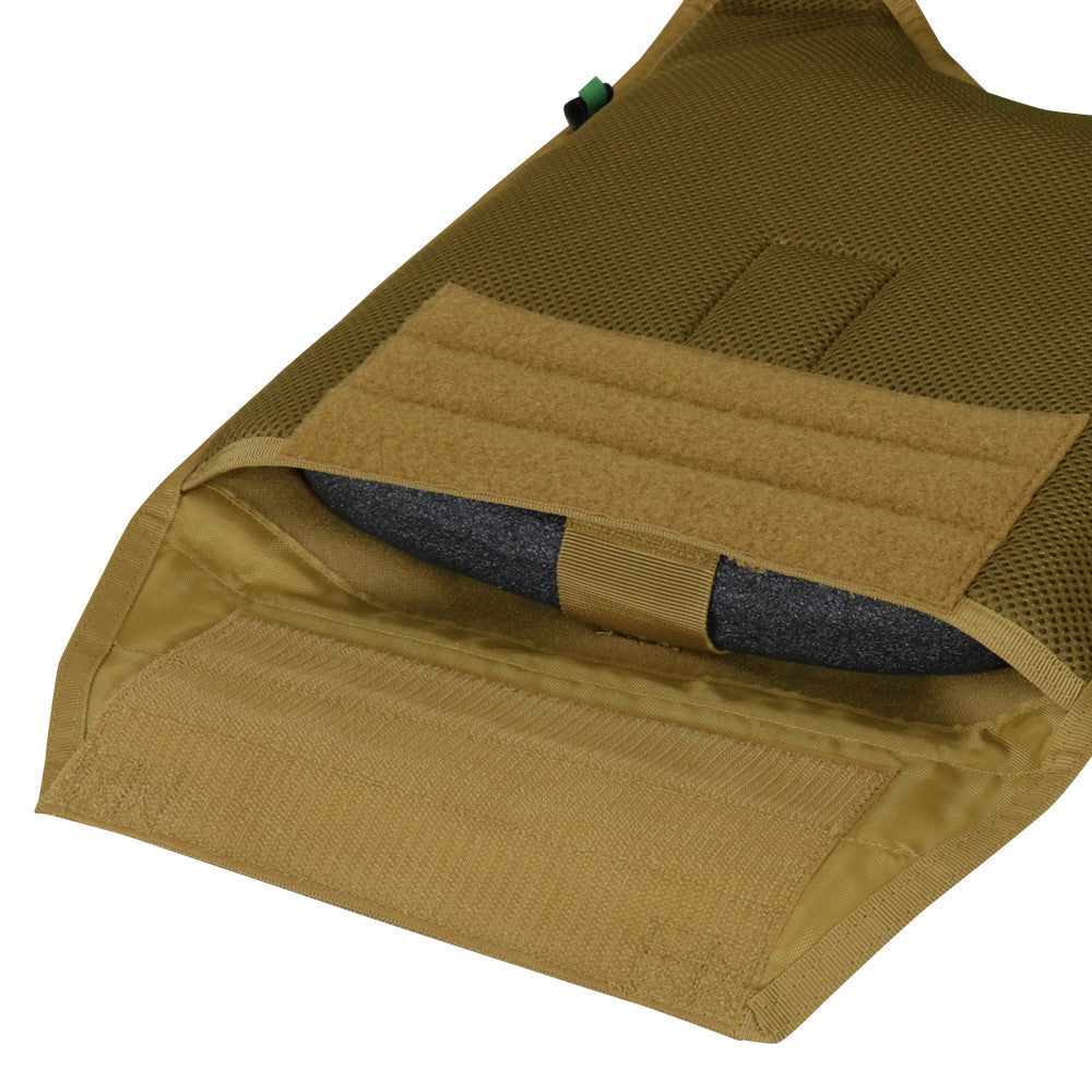 A Caliber Armor AR550 Level III+ Body Armor and Condor MOPC Package - Shooters Cut - Standard Coating tan pouch with a pocket inside.