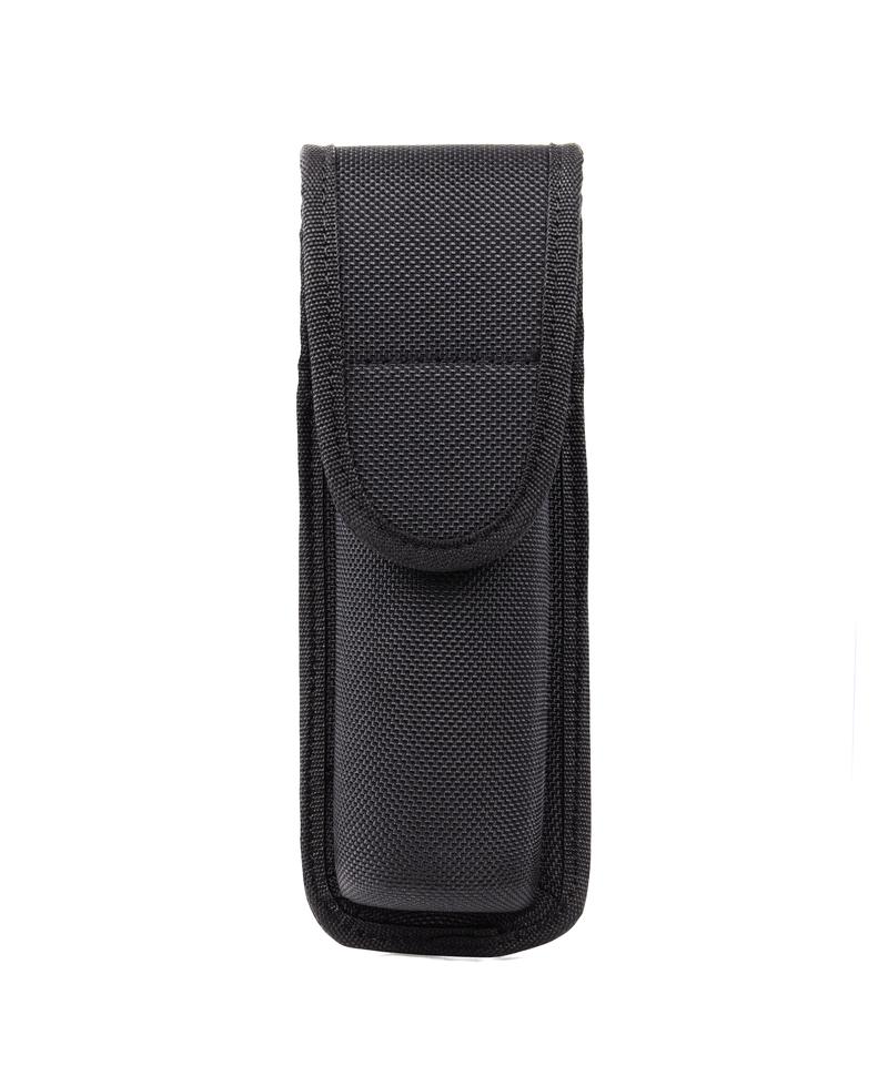 Black nylon tactical pouch with a Velcro flap closure, designed as an Elite Survival Systems Dura-Tek Mace Pouches MV170-B holder, shown against a white background.