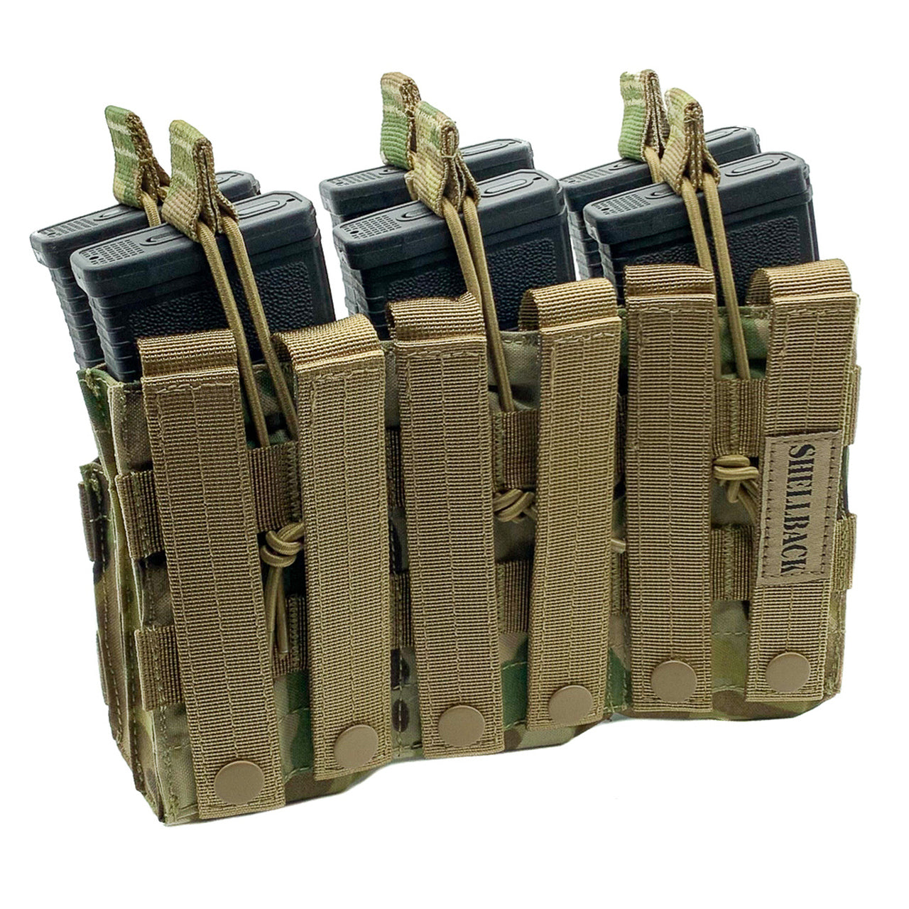 A Shellback Tactical Triple Stacker Open Top M4 Mag Pouch with four magazines.