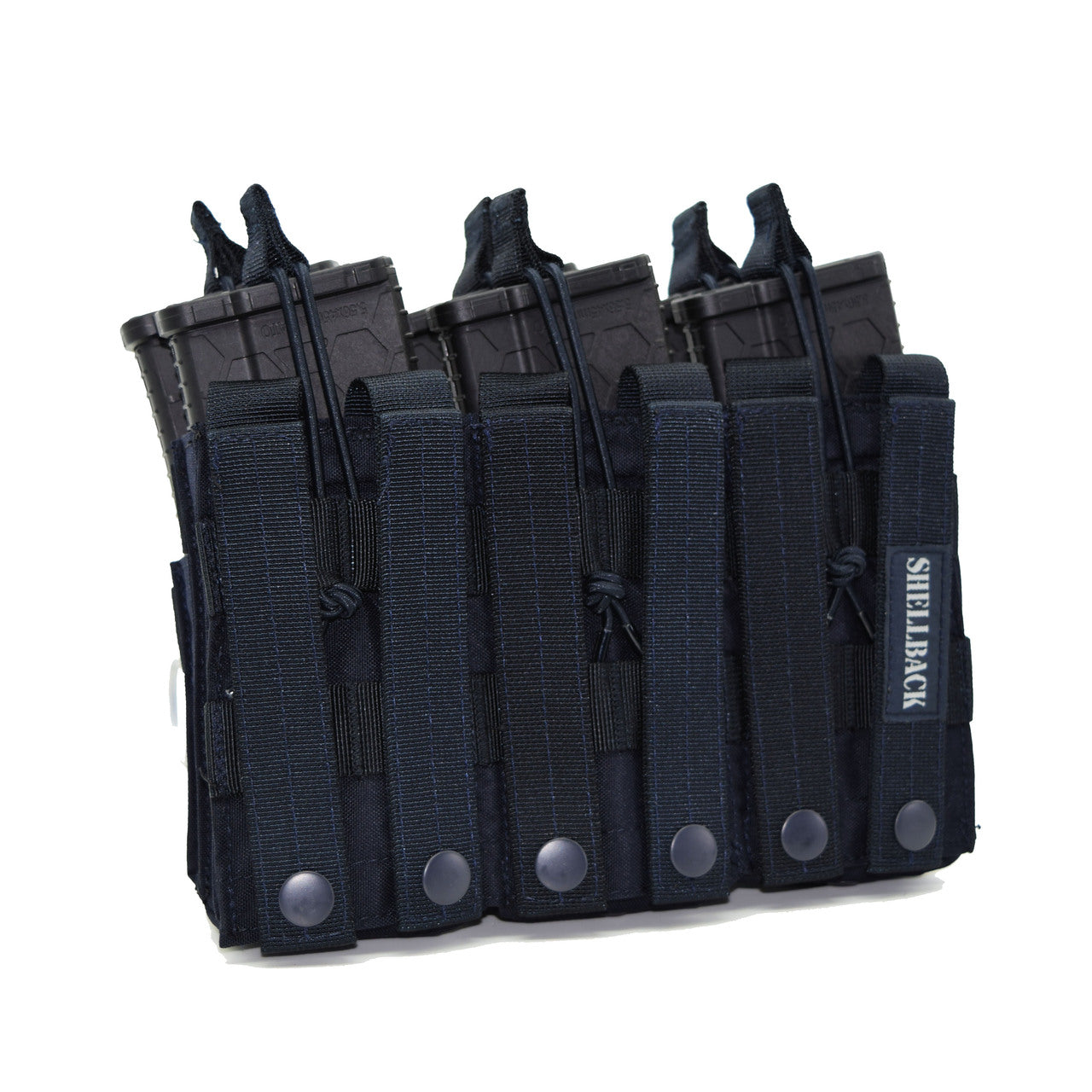Three Shellback Tactical Triple Stacker Open Top M4 Mag Pouches on a white background.