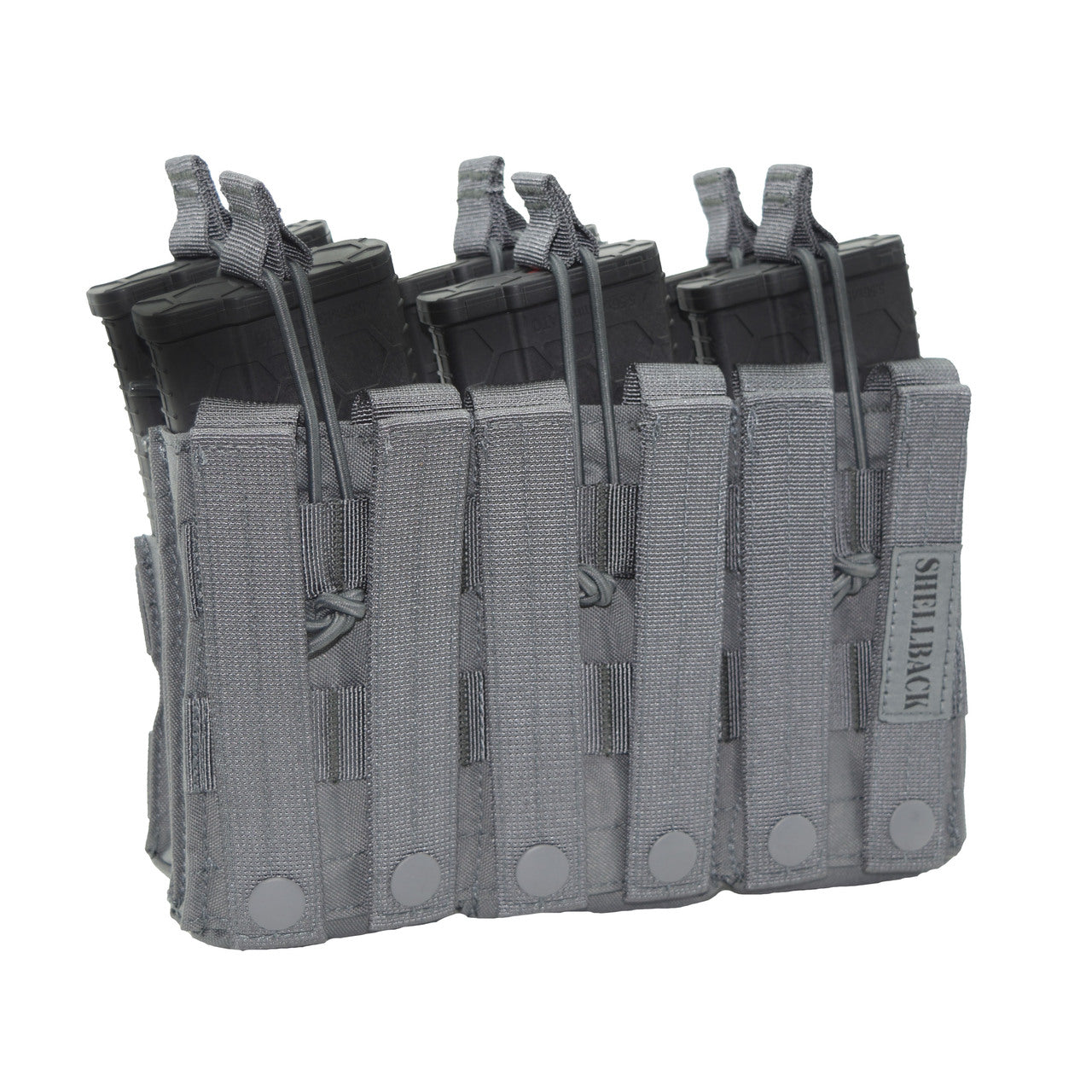 Three Shellback Tactical Triple Stacker Open Top M4 Mag Pouches on a white background.