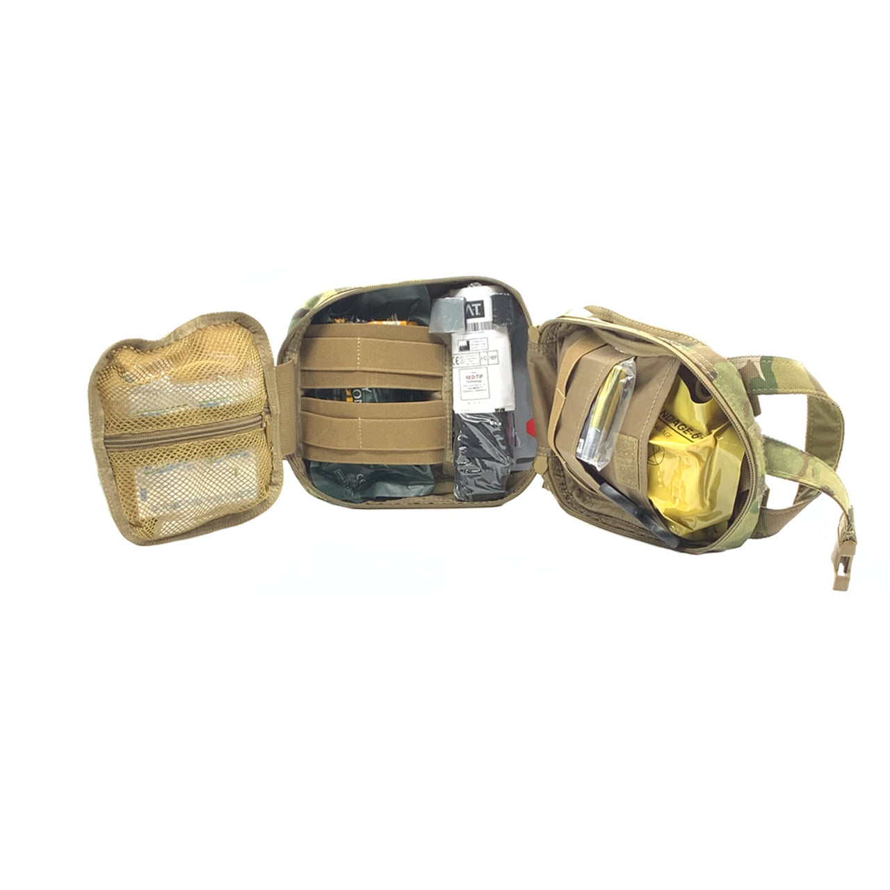 A medical kit with the Shellback Tactical Rip Away Individual First Aid (IFAK) Medic Pouch, MOLLE systems, and tourniquets.