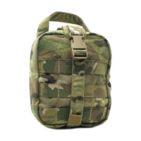 Thumbnail for A multicam medical pouch featuring the Shellback Tactical Rip Away Individual First Aid (IFAK) Medic Pouch and MOLLE systems, designed to hold essential medical equipment such as tourniquets. The pouch is showcased.