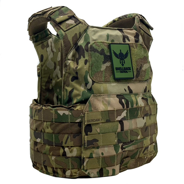 A Shellback Tactical Shield Plate Carrier with a camouflage design.
