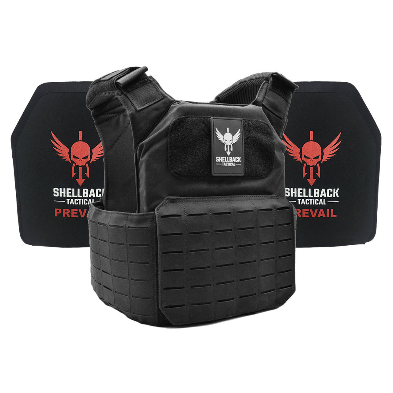 A black Shellback Tactical Shield 2.0 Active Shooter Kit with Level IV 1155 Plates vest with the word bulletproof on it.